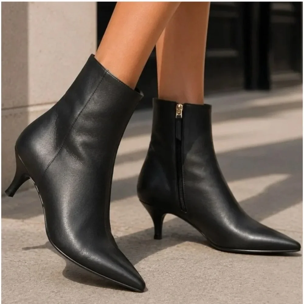 J.Crew Ankle Boots Size 8 Black Leather Kitten Heel Pointed Toe Office Bootie